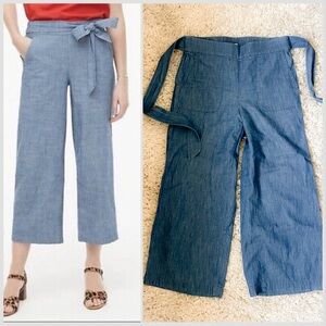 J. Crew Chambray Wide Leg Tie-Waist Cropped Trousers - Blue